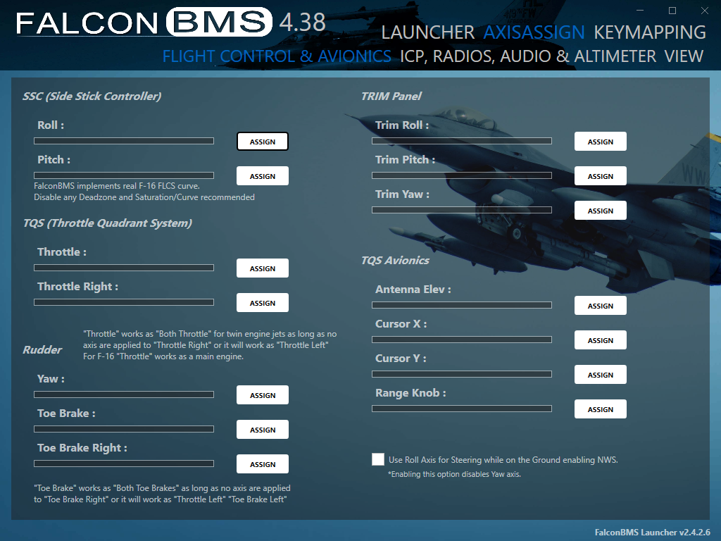 BMS launcher AXIS ASSIGN tab with flight-control and avionics axes
