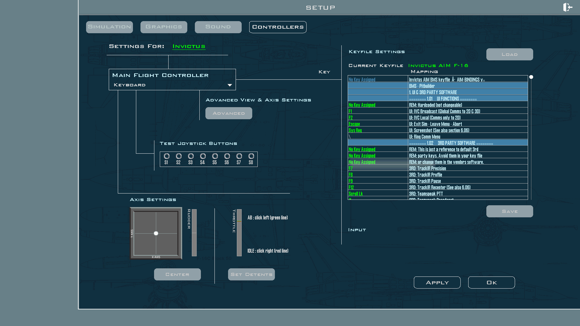 BMS Setup → Controllers with the Invictus AIM F-16 keyfile loaded and the Load button