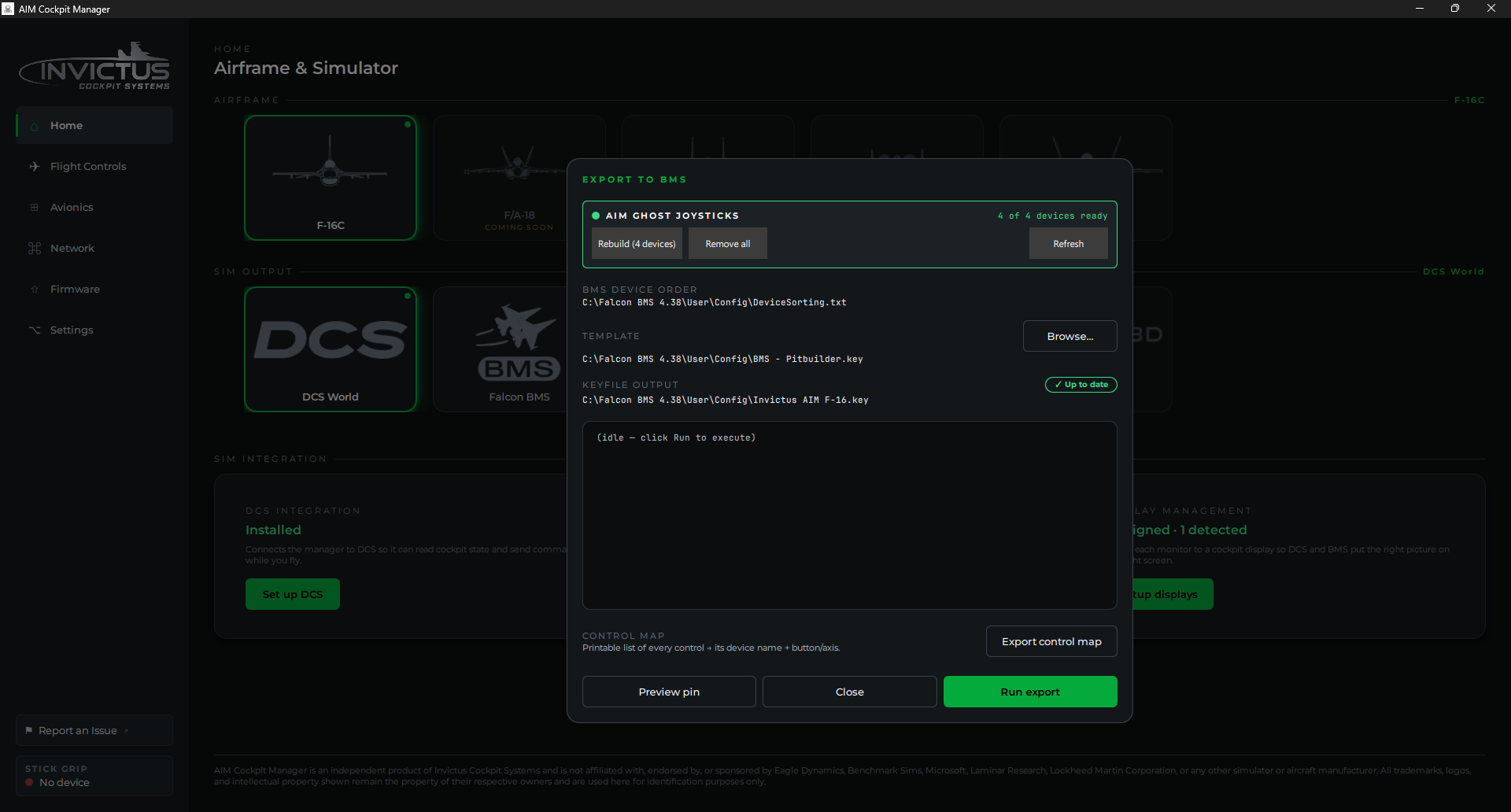 AIM Ghost Joysticks status showing all devices ready