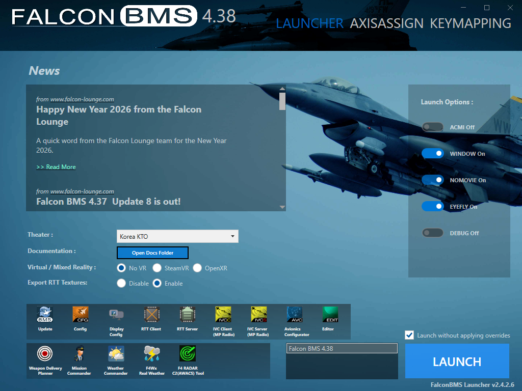 BMS launcher with "Launch without applying overrides" ticked