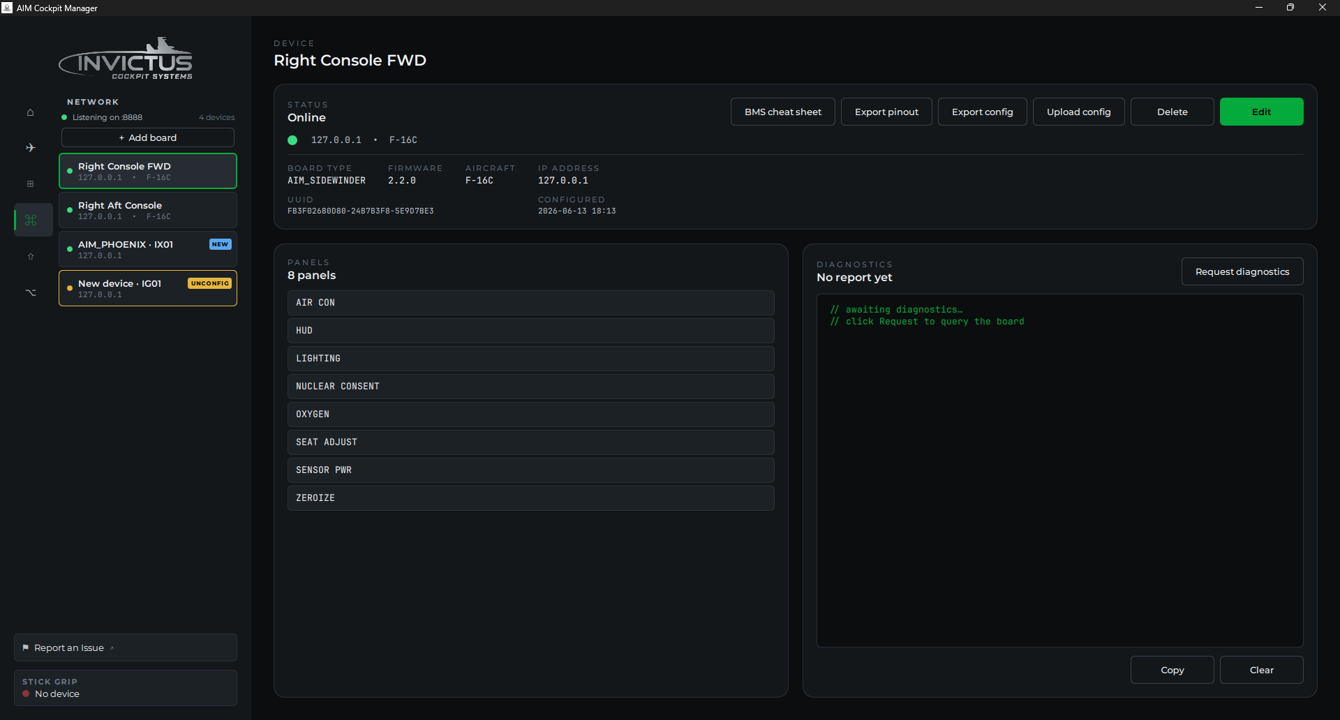 Network page showing a configured board with a green status dot