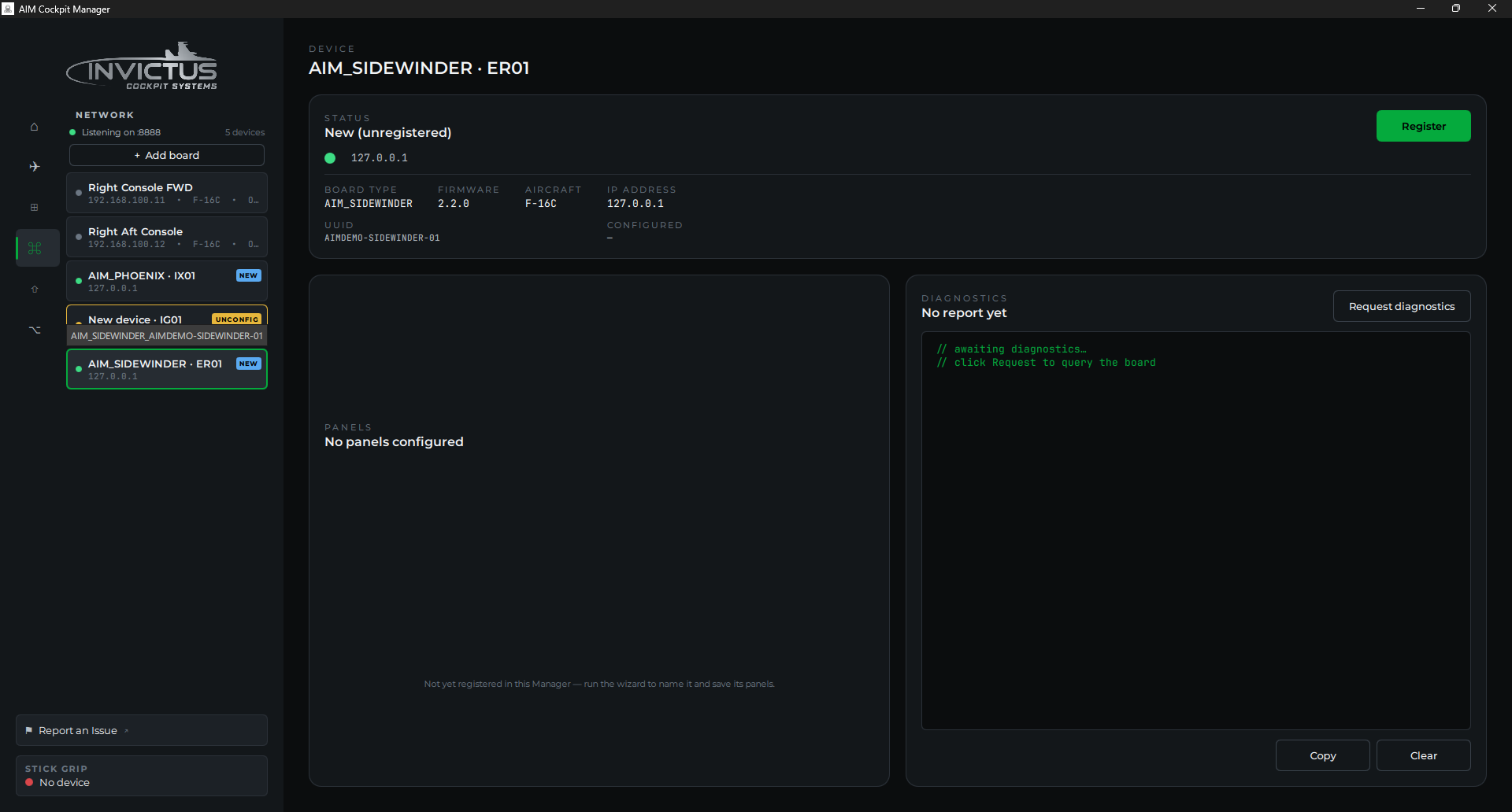 Network page showing a newly discovered board with a NEW badge