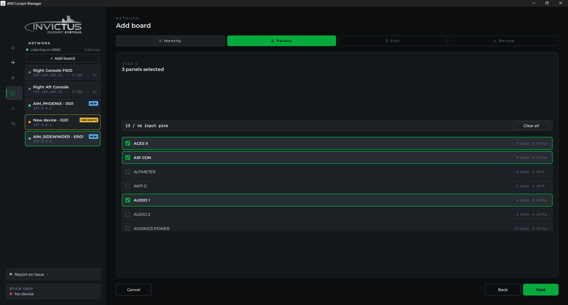 Panel selection screen showing cockpit zones with checkboxes