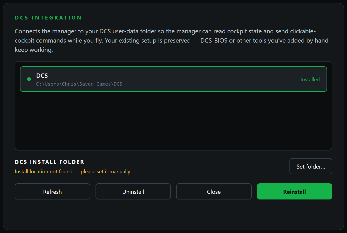 DCS install folder not found, with a Set folder button