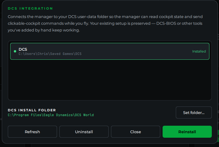 DCS install folder detected, shown in green