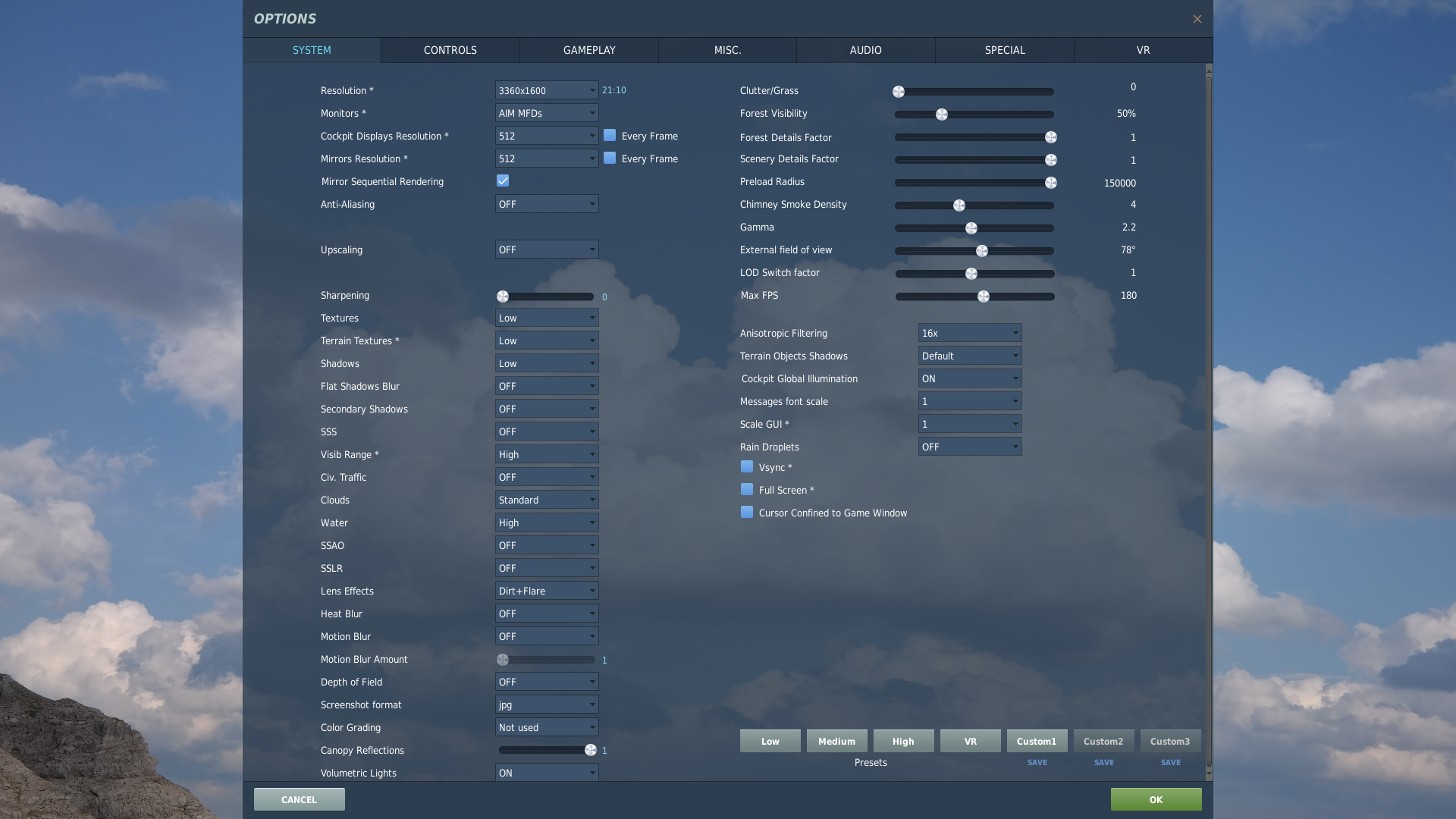 DCS Options → System showing AIM MFDs in the Monitors dropdown