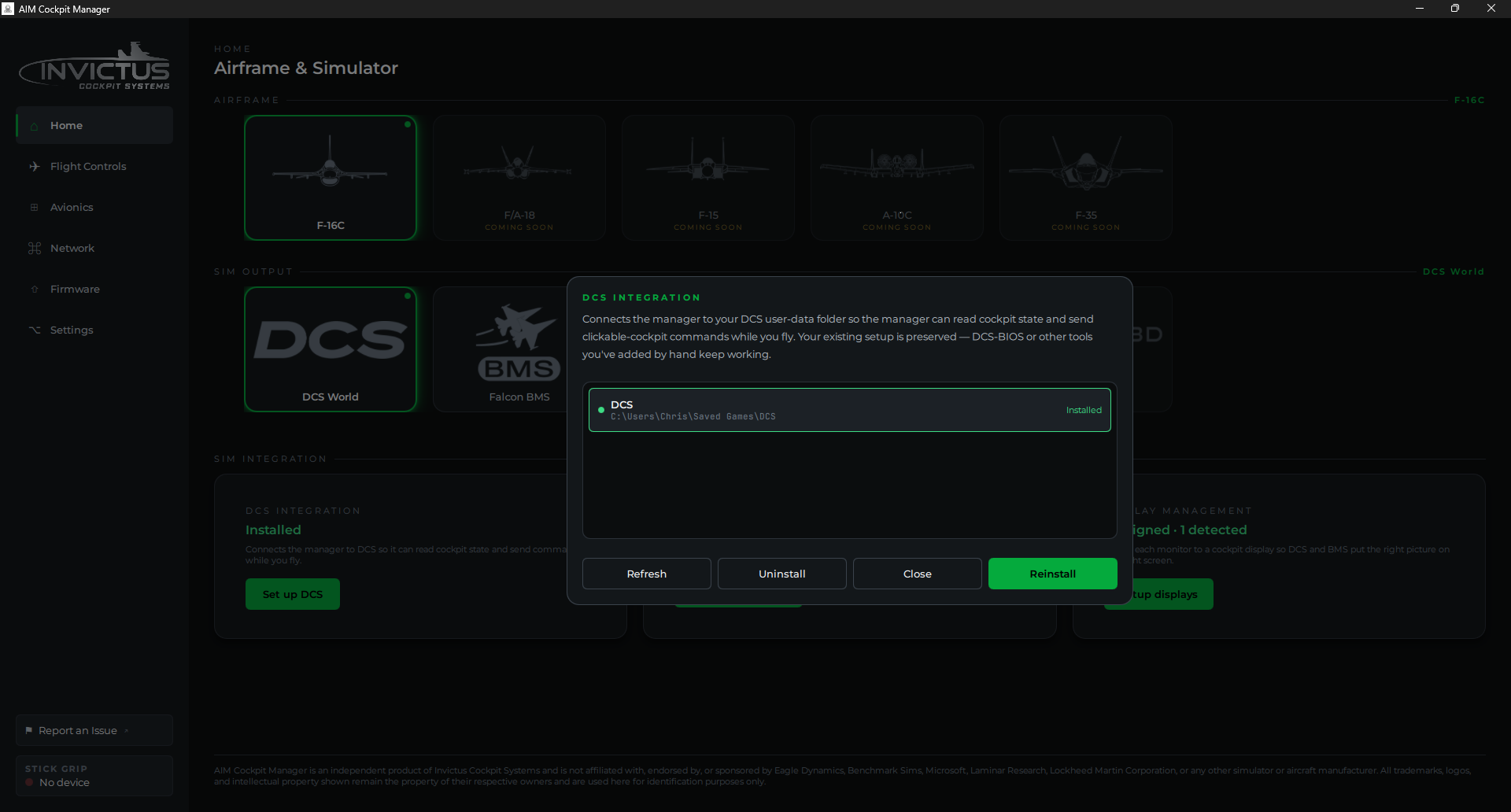 DCS Integration card after a successful install showing green status per variant