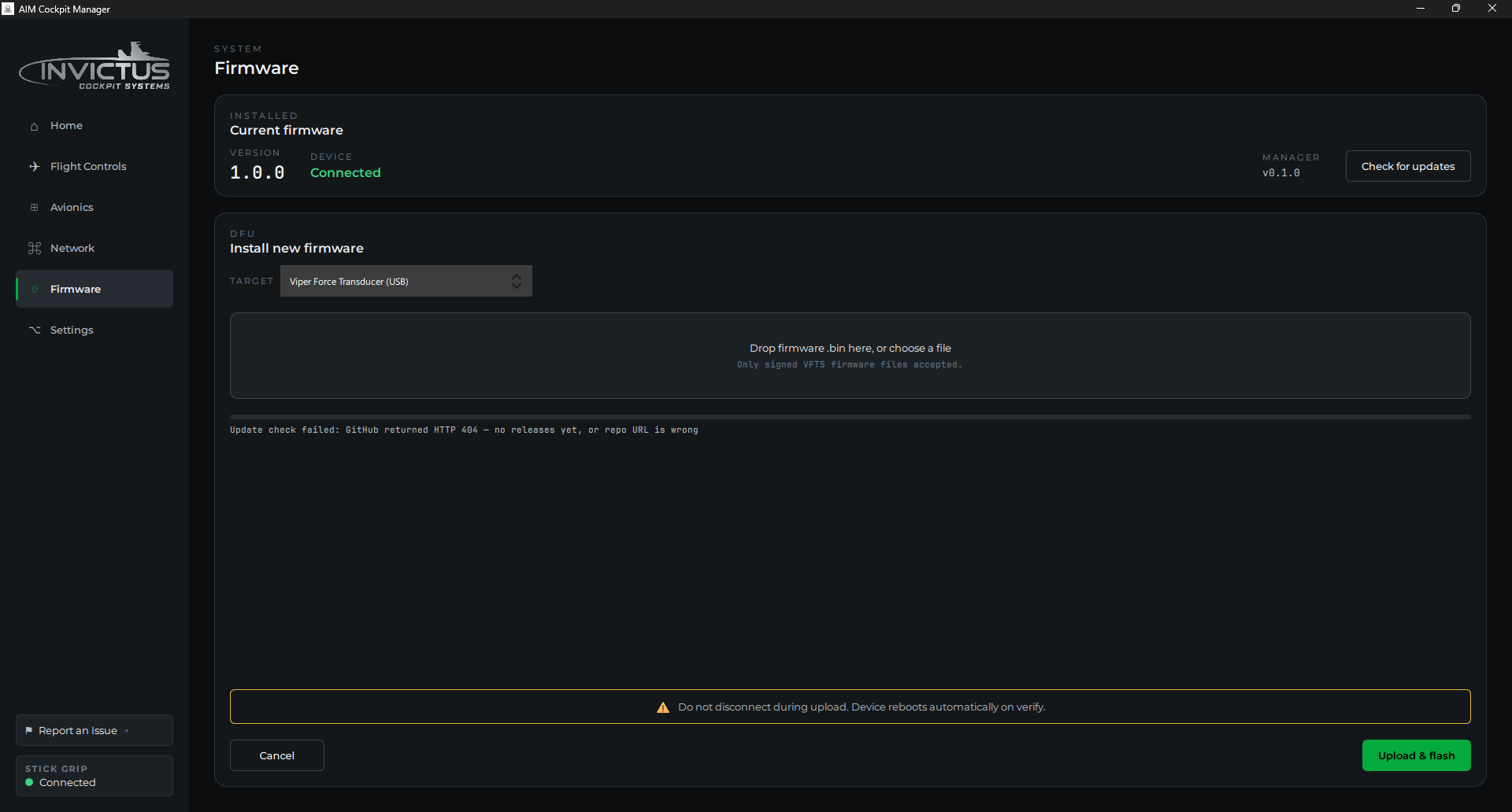 Firmware page with the target dropdown and the drop area for a .bin file