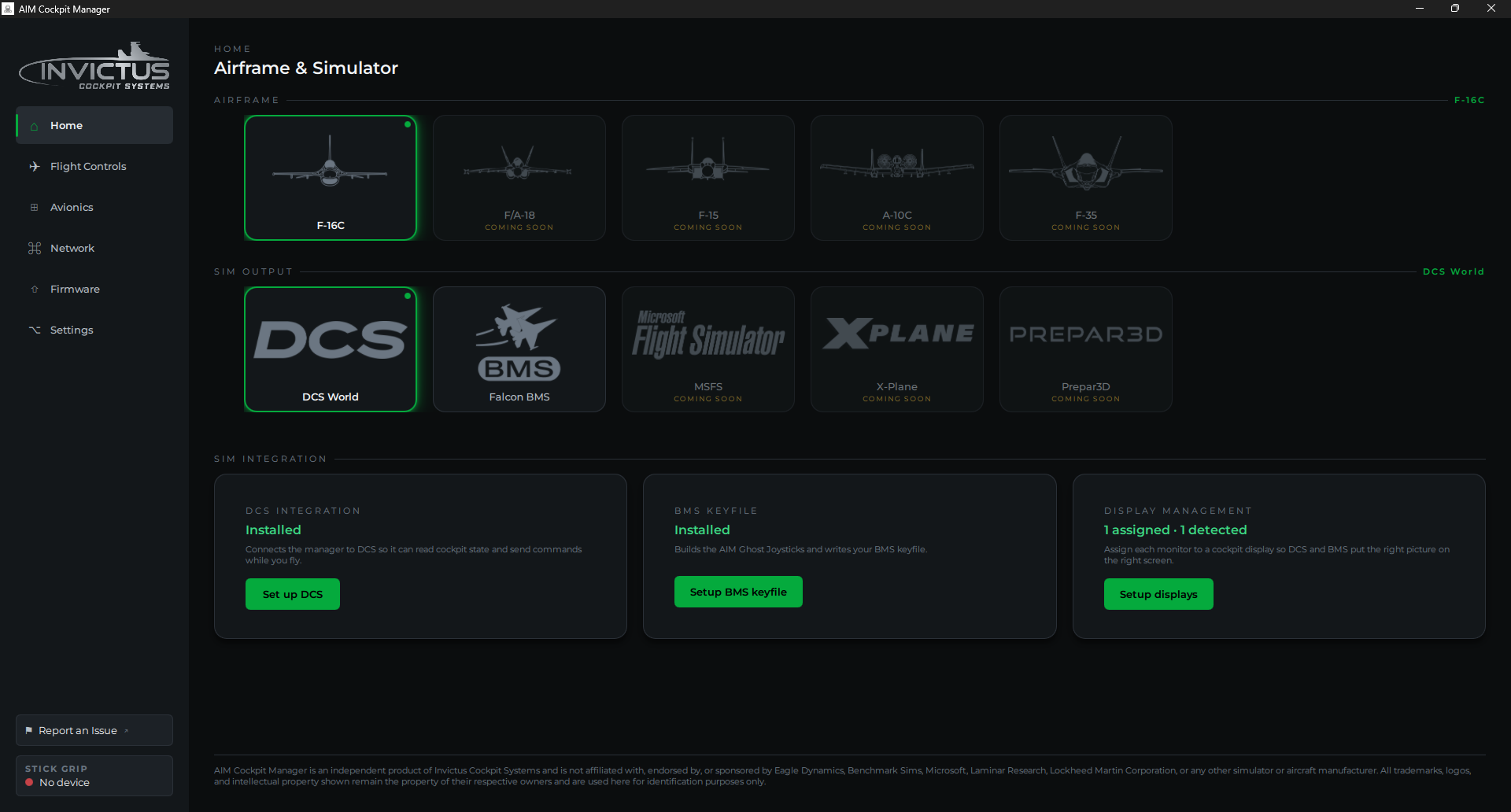 AIM Cockpit Manager running with panels connected