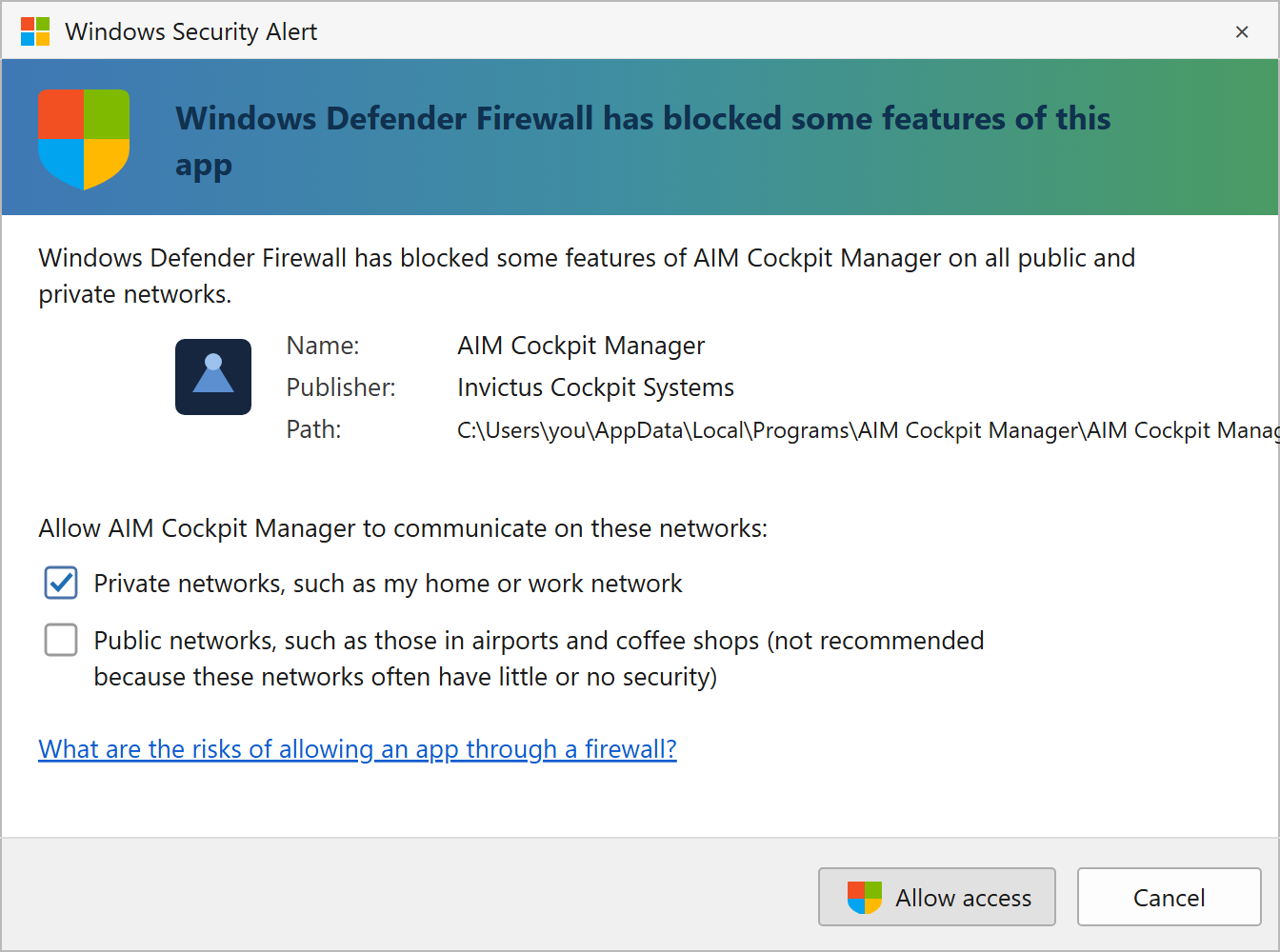 Windows Defender Firewall prompt asking whether to allow AIM Cockpit Manager