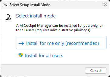 The Select install mode dialog with Install for me only recommended