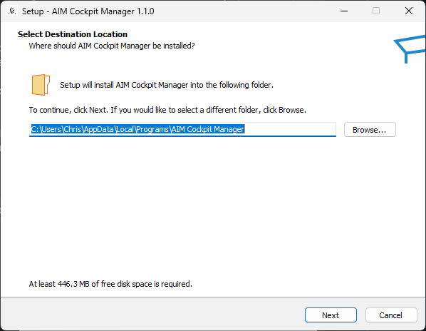 Setup wizard Select Destination Location page showing the per-user install path