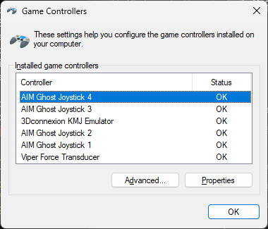 Windows Game Controllers list showing the AIM Ghost Joystick devices
