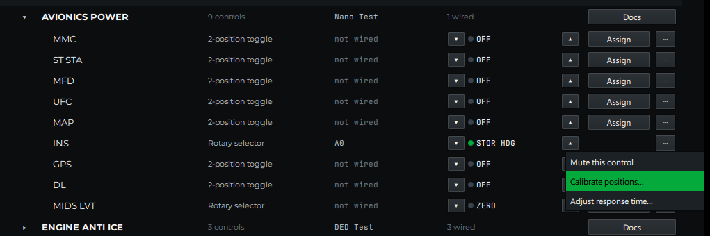 The row menu with Calibrate positions