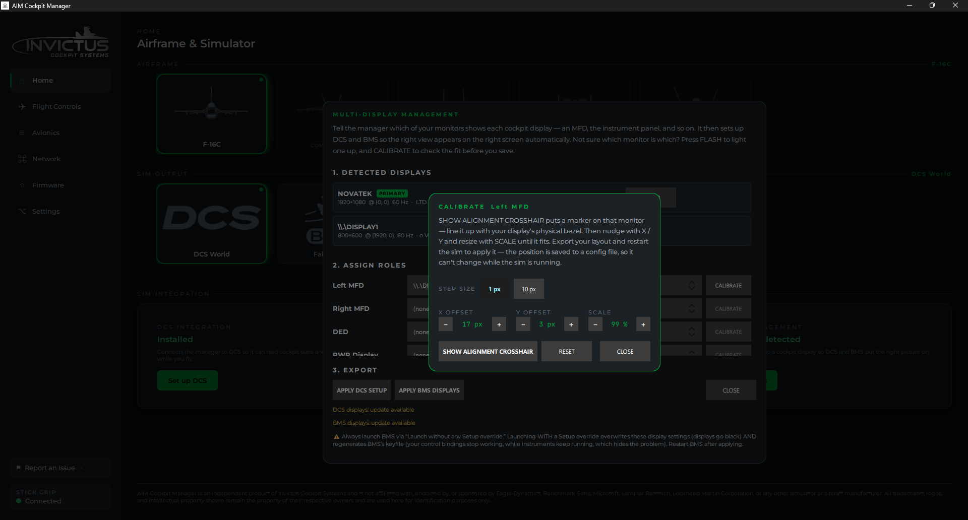 Calibration popup with X/Y offset, scale, and Show alignment crosshair