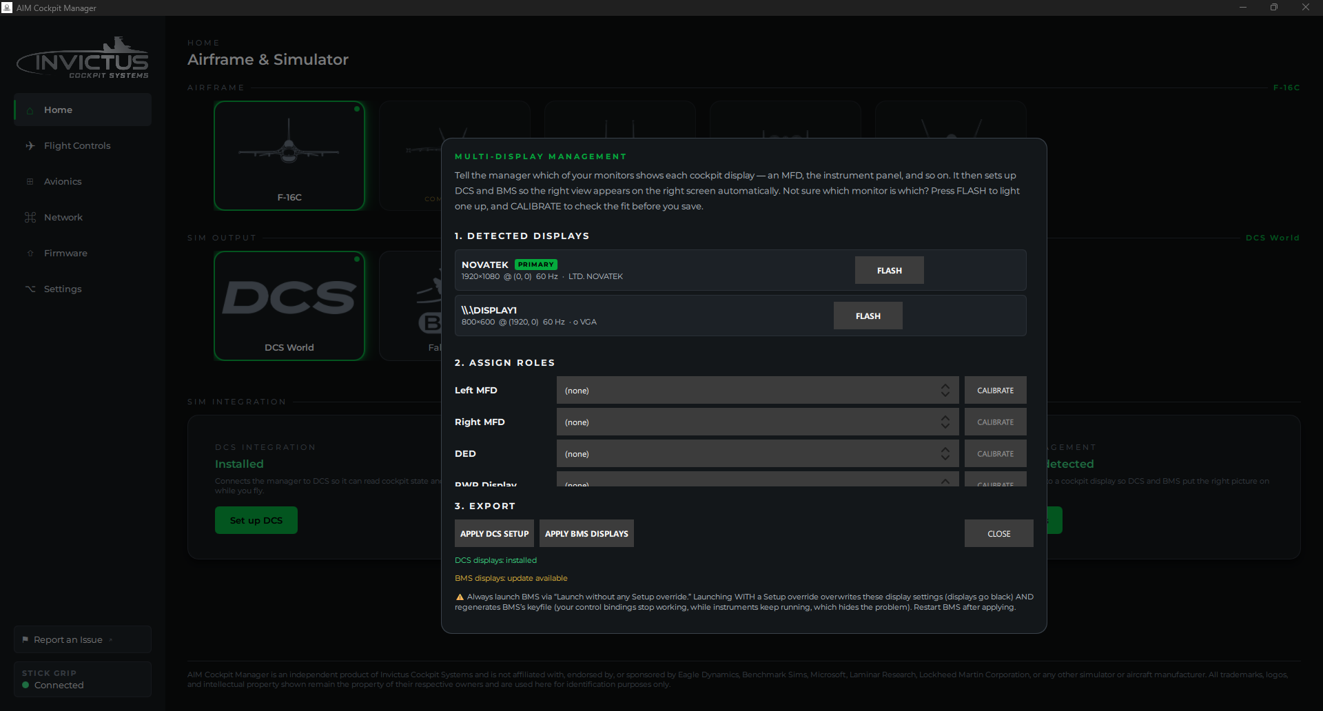 Detected displays list with FLASH buttons