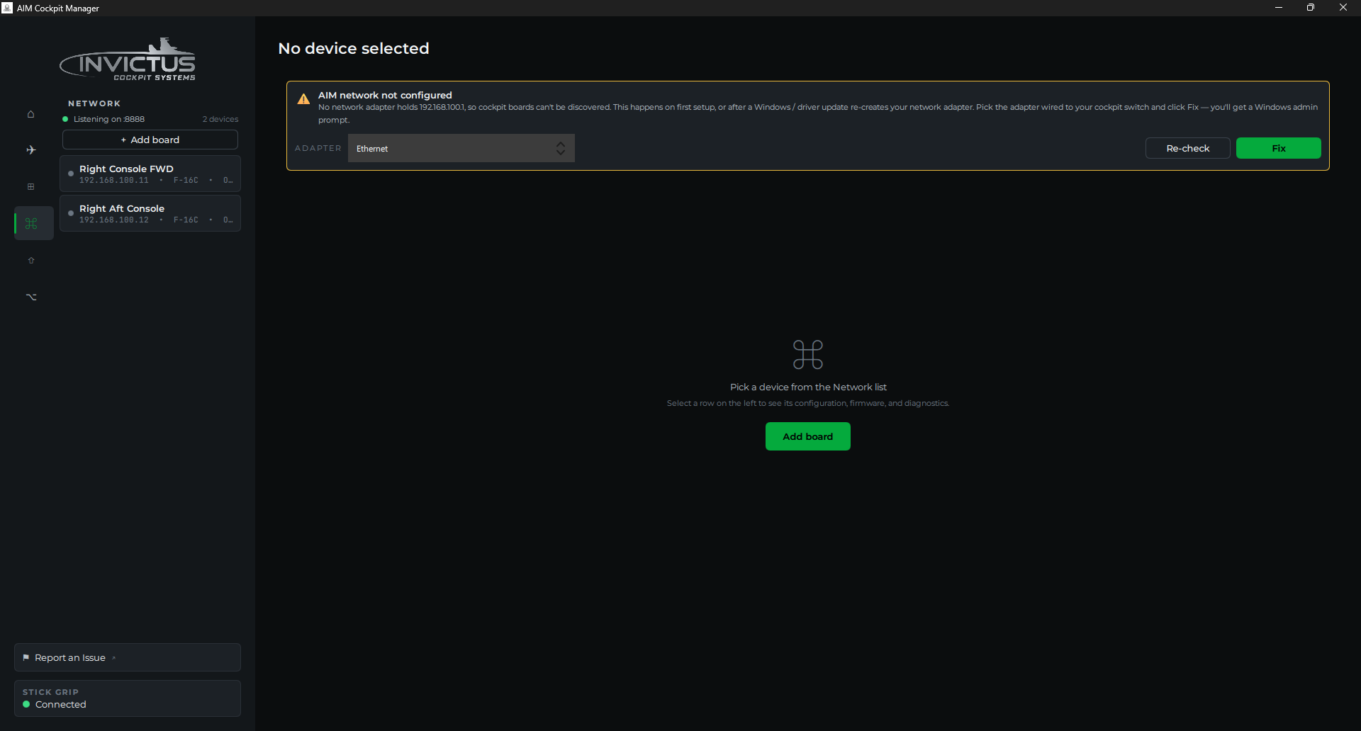 Network page alert "AIM network not configured" with an adapter picker and a Fix button