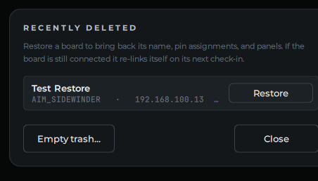 The Recently deleted dialog listing a removed board with Restore and Empty trash