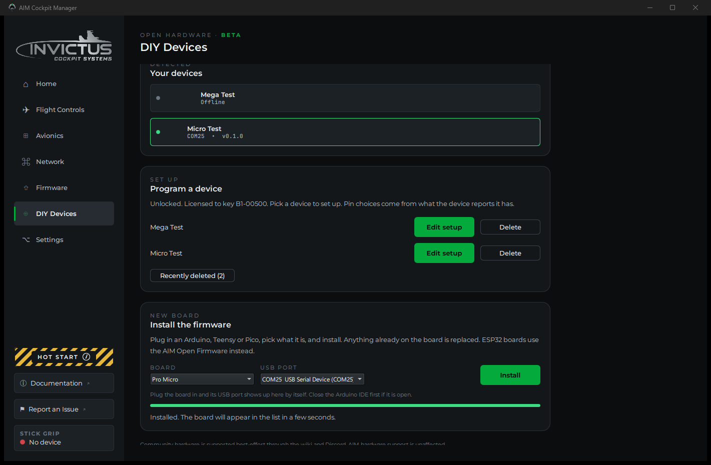 The install card after a successful install