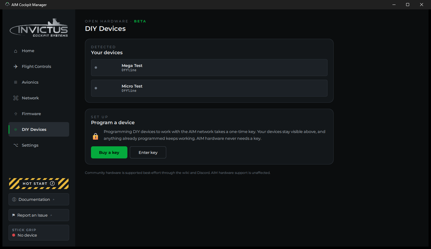 DIY Devices page before a key is entered