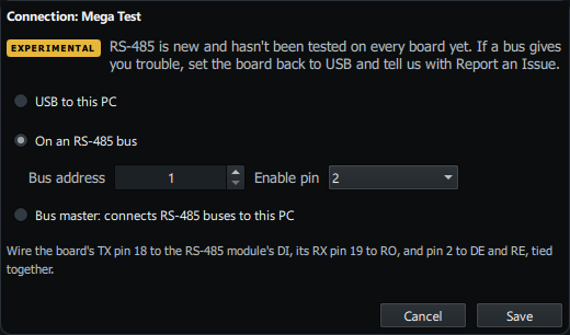 The Connection dialog, setting a Mega up as a board on a bus
