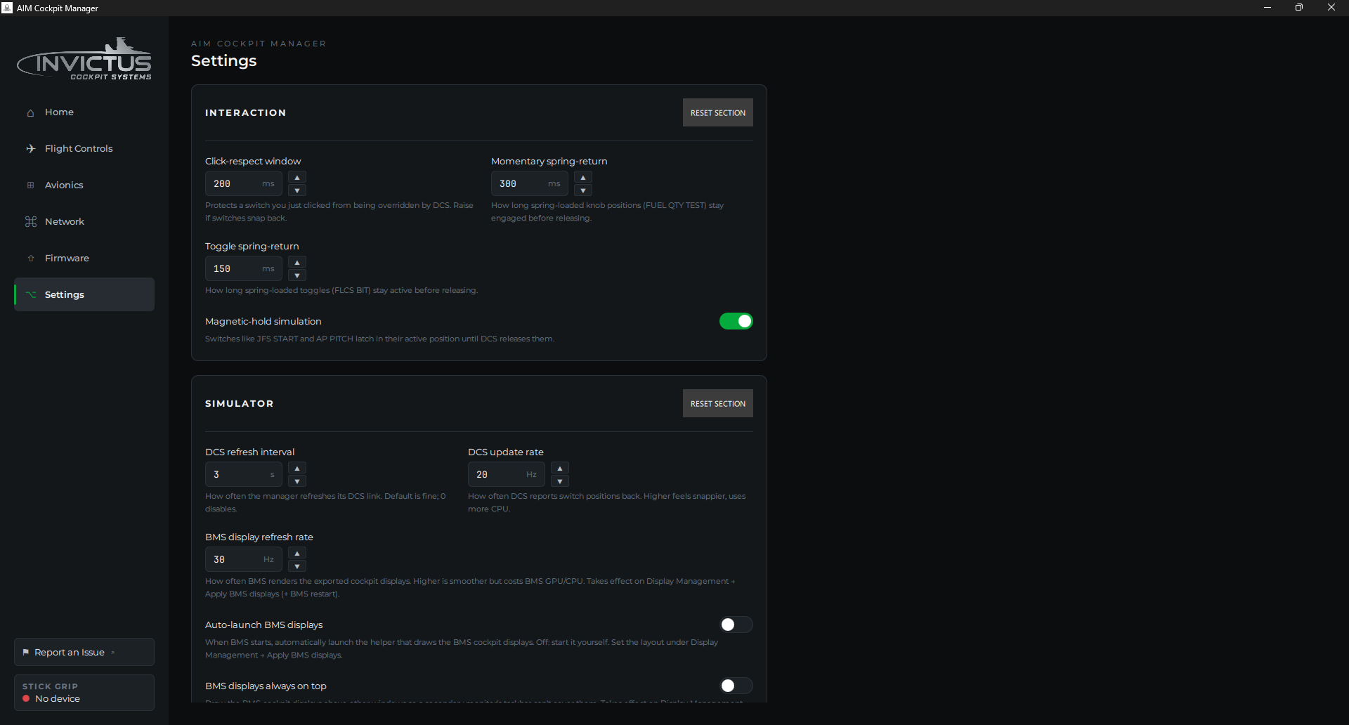The Settings page showing the Interaction and Simulator sections