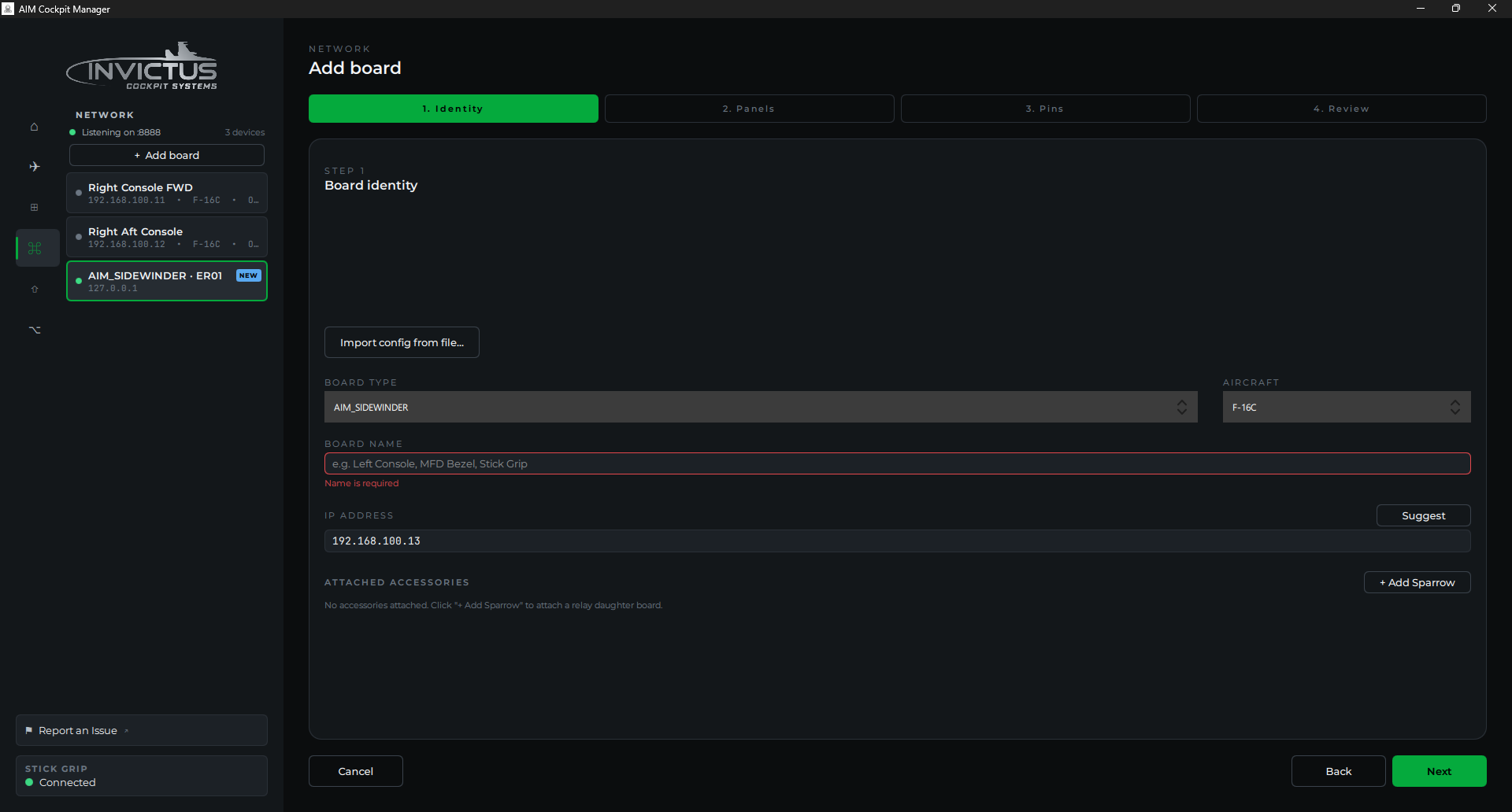 The board wizard Identity step with the Import config from file button