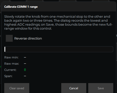 Pot calibration dialog with the Reverse direction toggle, showing Raw min / Raw max / Current / Span as the knob is swept