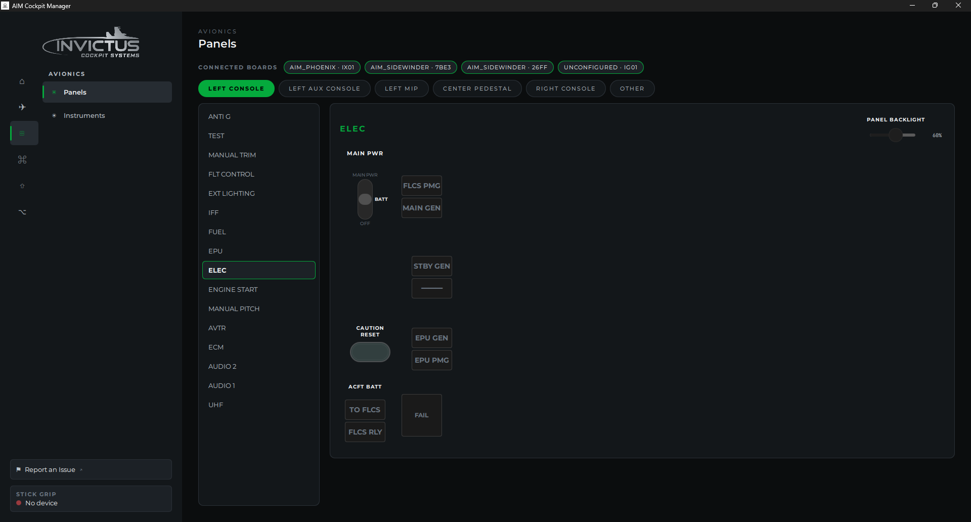 Live panel view showing switch states and pot positions