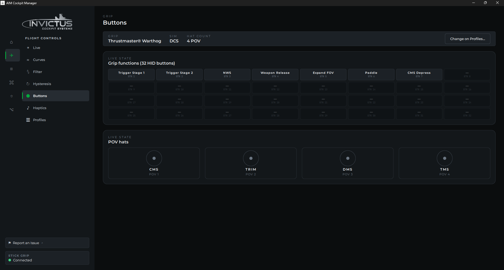Buttons page showing the live grip button map and POV hats