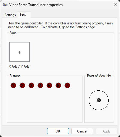 Windows joy.cpl Test panel for the Viper Force Transducer