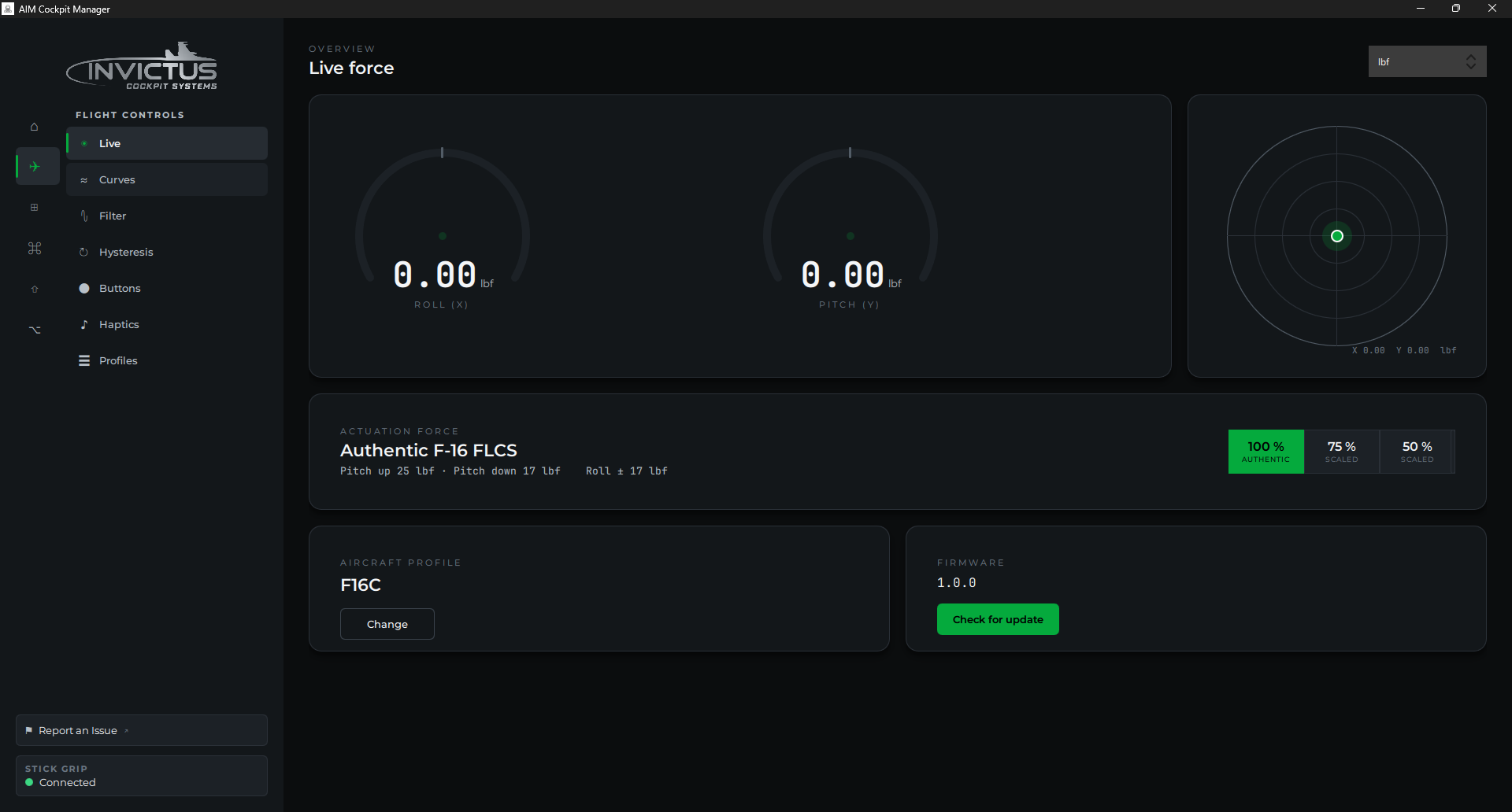 Flight Controls Live force page showing roll/pitch force and the F-16 FLCS actuation presets