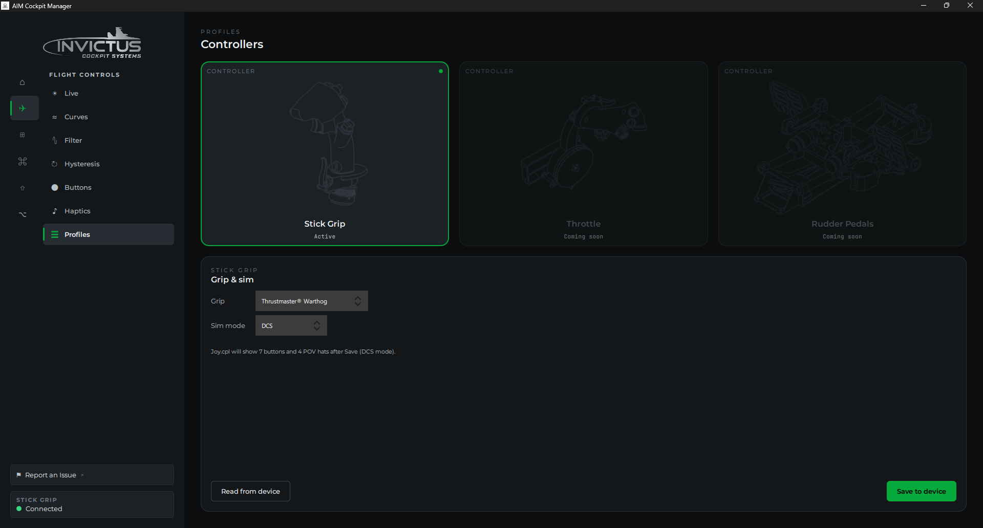Profiles page with the grip and sim-mode selectors and the joy.cpl preview line