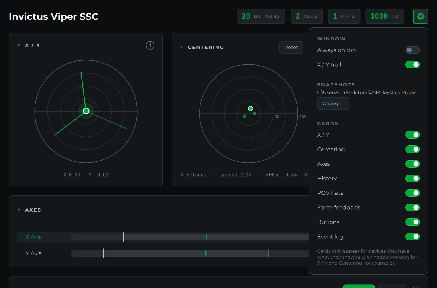 The settings panel