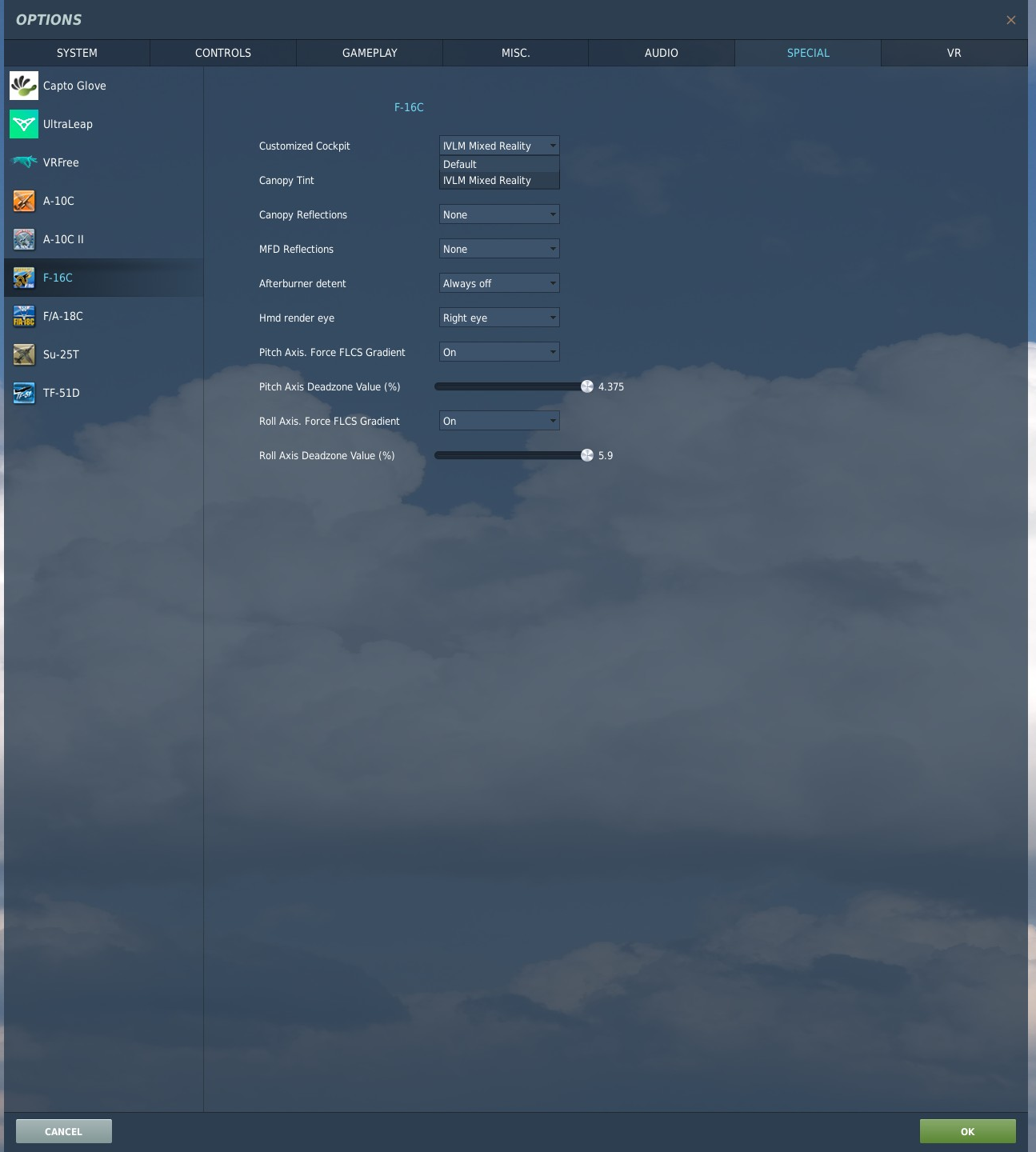 The Customized Cockpit dropdown in DCS's Special options