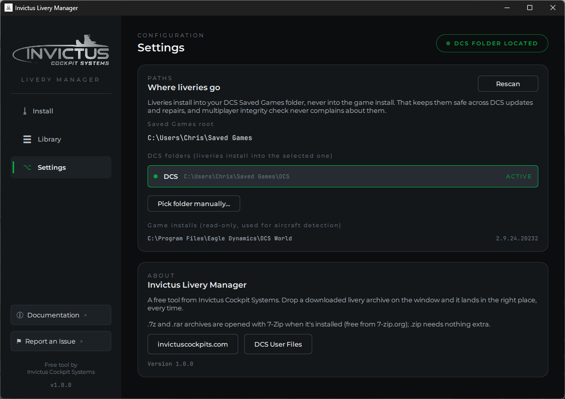 The Settings page